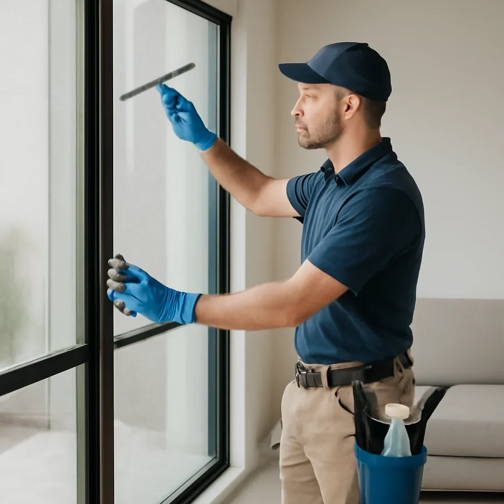 Technician working through the commercial window cleaning process