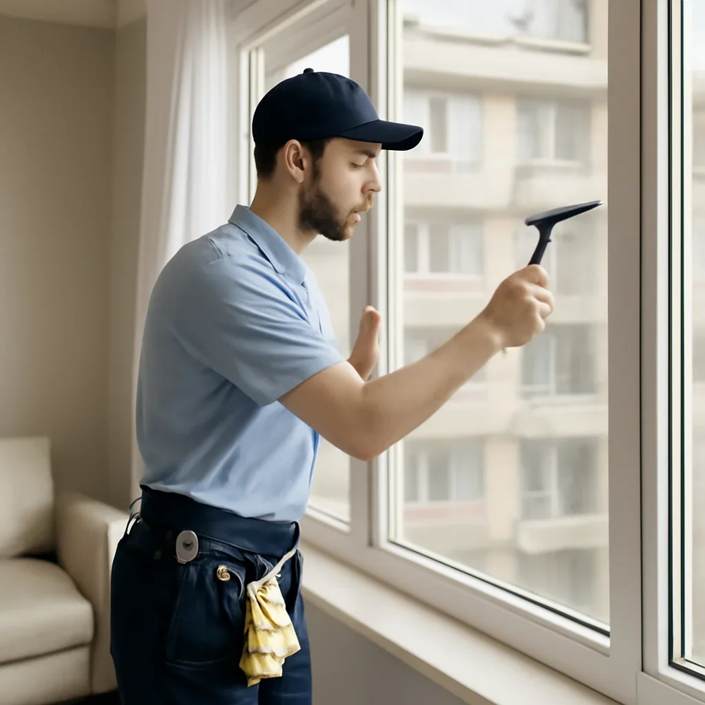 Technician working through the condo & apartment window cleaning process