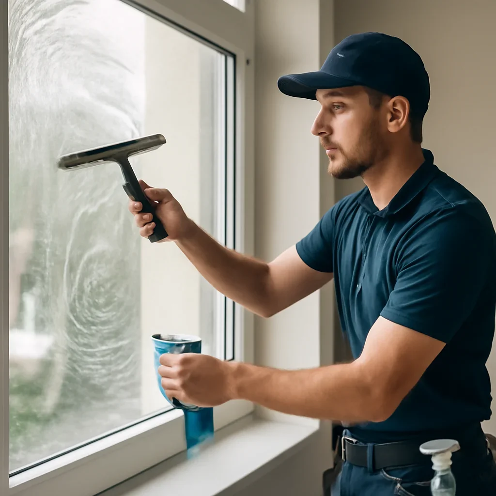 Technician working through the exterior window cleaning process