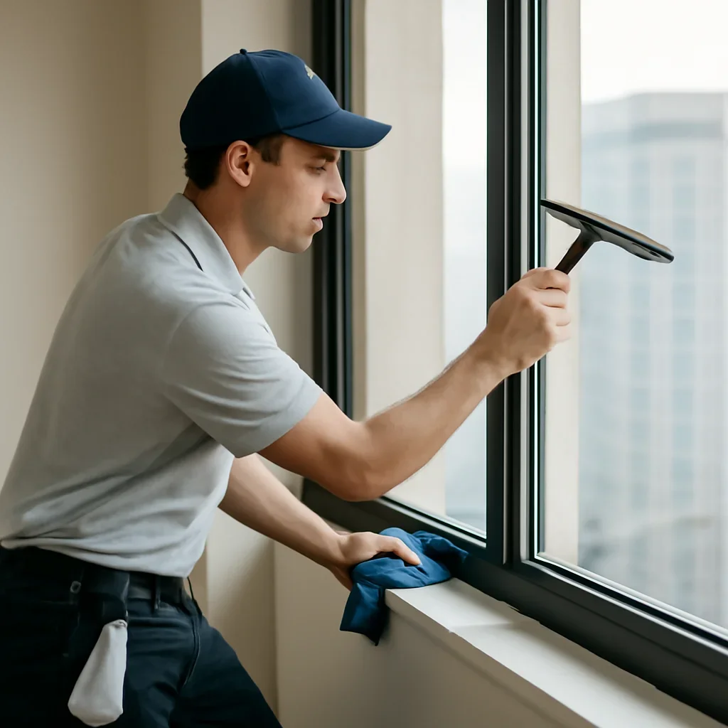 Technician working through the high-rise window cleaning process