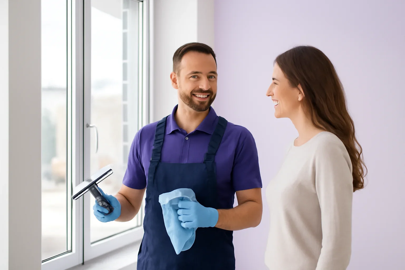 Technician and client beside bright clean windows in Regina