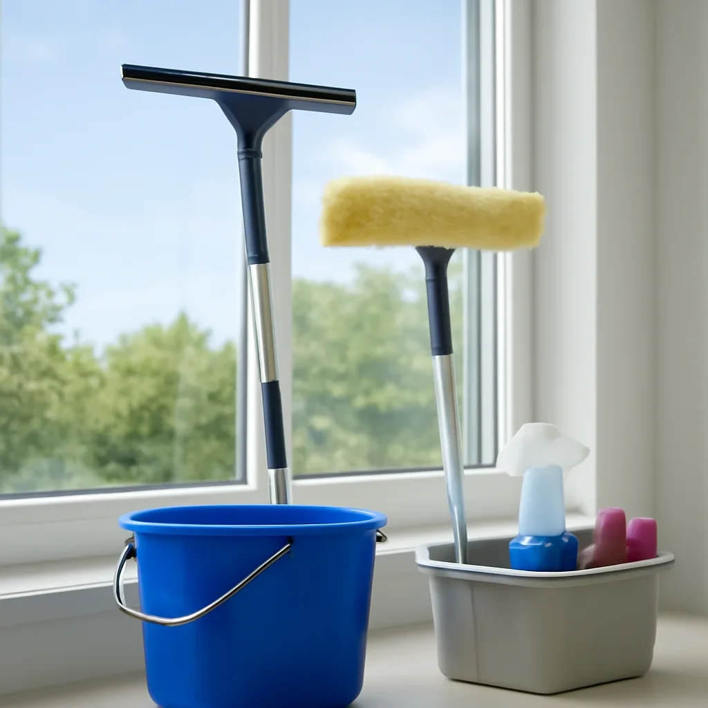Window cleaning process and tools ready for a scheduled appointment