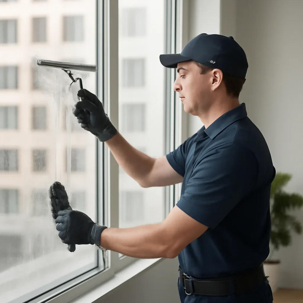 Technician working through the office window cleaning process