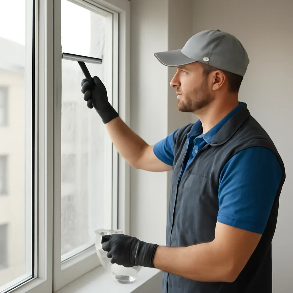 Technician working through the post-construction window cleaning process