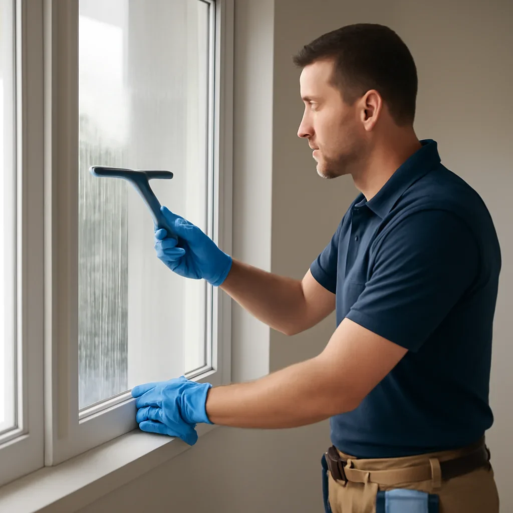 Technician working through the residential window cleaning process