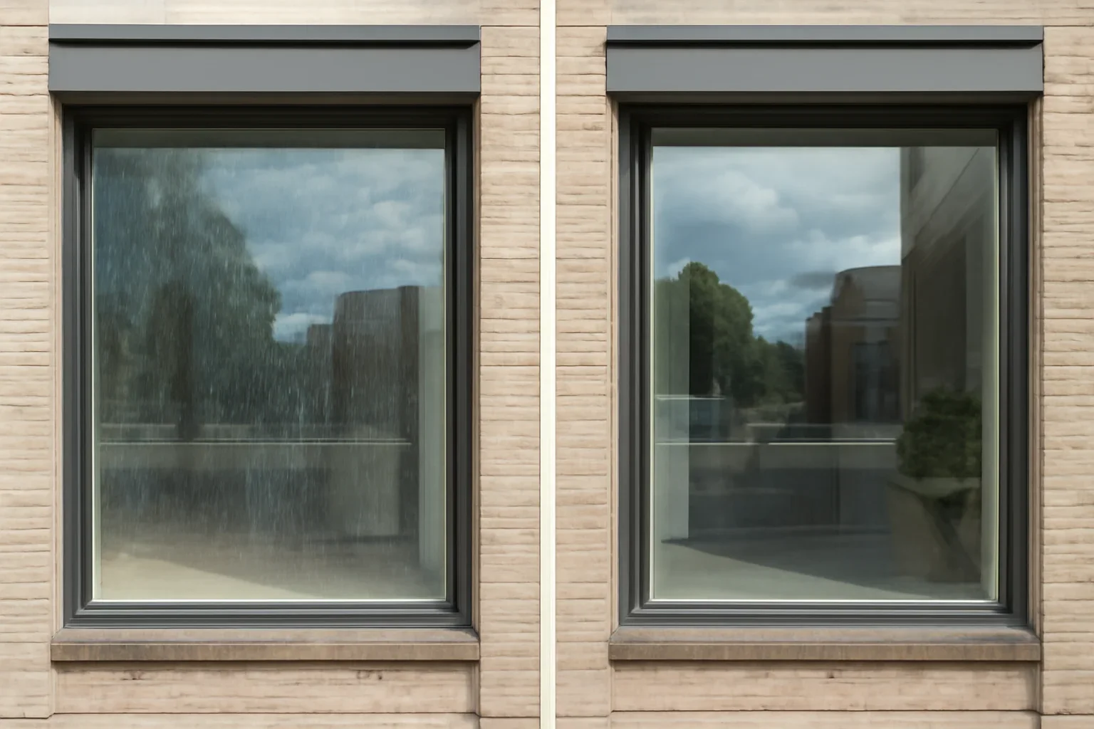 Before and after scene for case study: retail storefront window cleaning regina