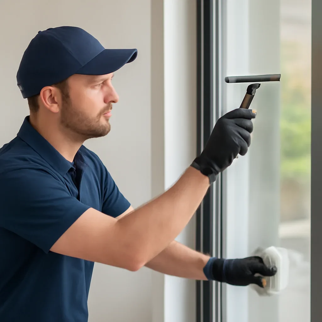 Technician working through the storefront window cleaning process