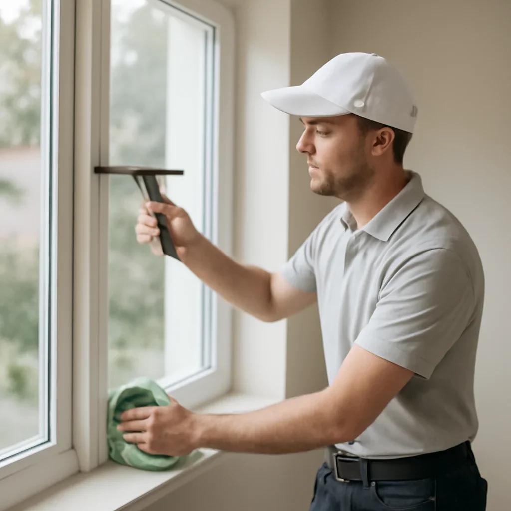Technician working through the window & gutter cleaning process