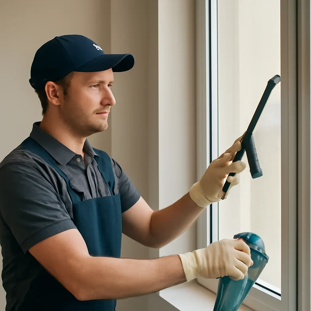 Technician working through the window cleaning maintenance plans process