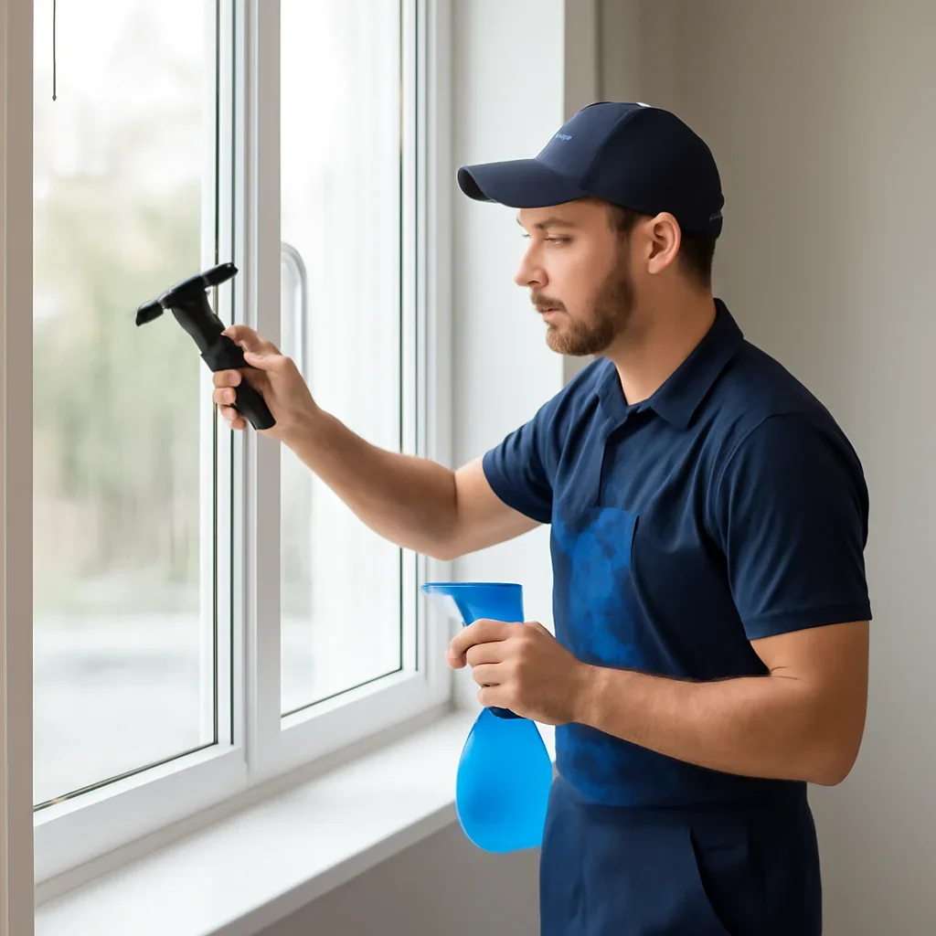 Technician working through the window screen cleaning process