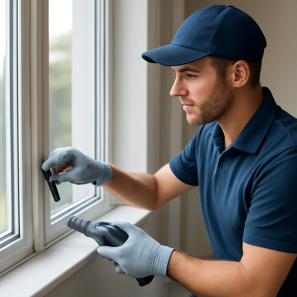 Technician working through the window track & sill cleaning process